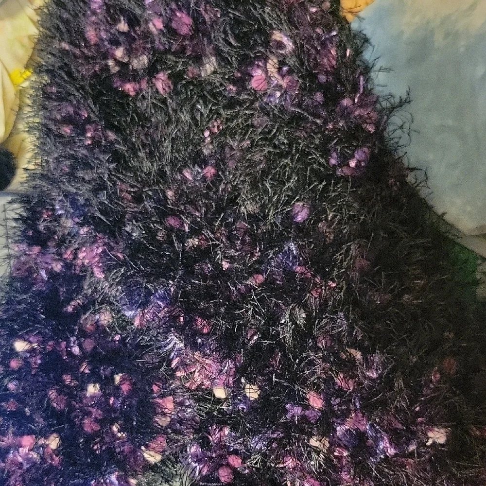 Approx. 74in Long Fuzzy Black And Vibrant Purple Textured Handmade Scarf